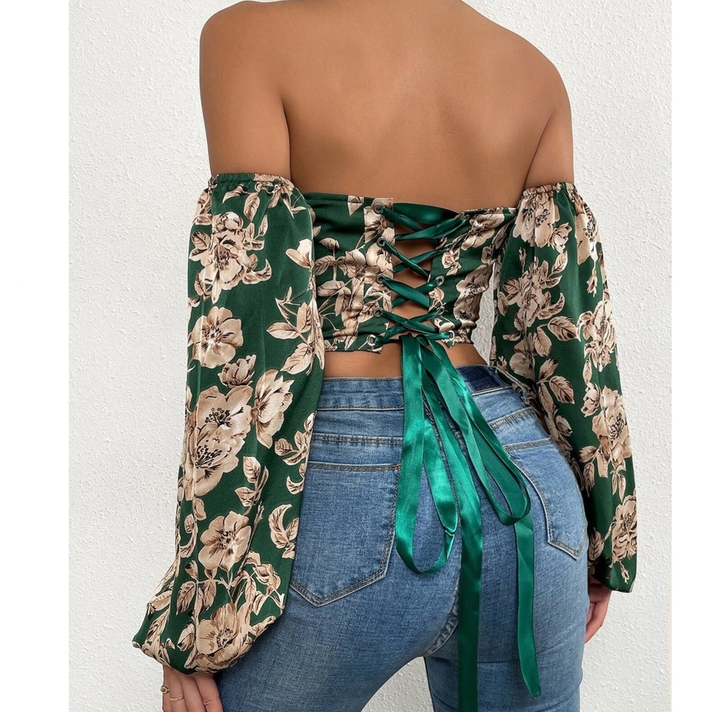 Boho Floral Print Lace up Off Shoulder Corset Top - Picture 3 of 15
